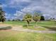 Picturesque view of a lush golf course, framed by palm trees and a clear blue sky with scattered clouds at 9052 Se 130Th Loop, Summerfield, FL 34491