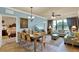 Bright living area showcasing a dining set, large window, and blue furnishings for a comfortable living space at 907 Charo Pkwy # 915, Davenport, FL 33897