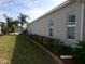 Home exterior featuring a well-maintained lawn, neatly trimmed hedges, and mature palm trees in a sunny setting at 10173 Julia Isles Ave, Oxford, FL 34484