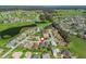 Aerial view of a neighborhood showcasing lush landscaping, a golf course, and serene lakes creating a picturesque setting at 17504 Se 119Th Cir, Summerfield, FL 34491