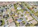 Comprehensive aerial view highlighting community amenities like a pool, alongside well-kept homes and tree-lined streets at 2116 Baldwin Run, The Villages, FL 32162