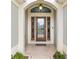 Elegant front door with glass detailing, framed by sidelights and a transom window at 3233 Belcherry Loop, The Villages, FL 32163