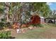 Backyard area with lush landscaping and charming seating arrangement at 36816 Taylor Mill Rd, Fruitland Park, FL 34731