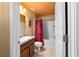 Bathroom featuring a single sink vanity and a shower/tub combination with a patterned shower curtain at 4000 Se 98Th Pl, Belleview, FL 34420