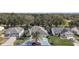 Aerial view of the home with palm trees, driveway and garage, and the home's proximity to mature trees at 1209 Barcelona Dr, The Villages, FL 32159