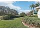 Back yard with well maintained shrubbery and green grass at 592 Juniper Way, Tavares, FL 32778