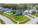 Aerial view of a home showcasing its well-manicured lawn and serene neighborhood setting at 14736 Pine Cone Trl, Clermont, FL 34711