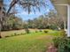 Spacious backyard with green grass, mature trees, and landscape beds at 27003 Racquet Cir, Leesburg, FL 34748