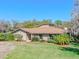 Attractive single-story home with lush landscaping, a unique roofline, and a circular driveway at 2918 Cocovia Way, Leesburg, FL 34748