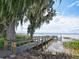 Scenic view of a wooden dock extending into the calm waters, shaded by lush trees at 5370 Indian Ocean Loop, Tavares, FL 32778