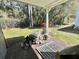 Covered patio area, in need of cleanup, surrounded by a lush backyard with mature trees at 104 Chestnut St, Leesburg, FL 34748