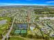 Aerial view of community amenities and the home's location marked with a red arrow at 2136 Kerwood Loop, The Villages, FL 32162