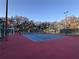 Outdoor tennis court with a red playing surface and blue accents, framed by mature trees and greenery at 25124 Twelve Oaks Rd, Leesburg, FL 34748