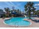 View of the community pool and slide, surrounded by lush landscaping at 303 White Water Bay Dr, Groveland, FL 34736