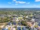 Wide-angle aerial showcasing homes within the lake community nestled among the trees at 9513 Mid Summer Ln, Leesburg, FL 34788