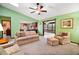 Inviting living room with plush seating, ceiling fan, and an open view to the kitchen at 10122 Canterbury Dr, Leesburg, FL 34788