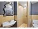Tiled bathroom featuring stylish mirror, sink, and tiled shower stall with mosaic floor at 1301 N Shore Dr, Leesburg, FL 34748