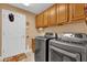 Functional laundry room featuring modern washer and dryer, cabinets, and a utility sink at 1367 Honea Path, The Villages, FL 32162