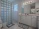 Bright bathroom with a glass block shower and a white vanity with a large mirror at 17694 Se 88Th Covington Cir, The Villages, FL 32162