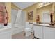 Bathroom featuring a shower-tub combination, vanity with sink, toilet, and decorative accents at 1923 Greeleyville Ter, The Villages, FL 32162