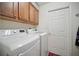 Laundry room features white appliances, wooden cabinets, and a door to the rest of the home at 2471 Holly Berry Cir, Clermont, FL 34711