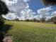 A peaceful backyard view of a well-maintained lawn, bordered by mature trees and neighborhood homes at 3423 Capland Ave, Clermont, FL 34711