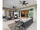 Spacious covered patio with seating, ceiling fans, and sliding glass doors to the interior at 712 Krietemeyer Path, The Villages, FL 32163