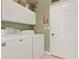 Well-lit laundry area with updated washer, dryer, white cabinetry and earth-tone paint at 995 Hidden Blf, Clermont, FL 34711