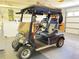 Golf cart stored inside a clean, residential garage space, featuring storage solutions and an automated garage door at 1416 Lindsey Ln, The Villages, FL 32159