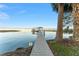 Lakeside scene with a long wooden dock leading to a covered boat dock, surrounded by palm trees at 16011 Acorn Cir, Tavares, FL 32778