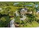 Stunning aerial view of a luxury home featuring a circular driveway, manicured lawn, and mature trees near a picturesque lake at 27852 Lake Jem Rd, Mount Dora, FL 32757