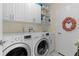 Well-lit laundry room with modern LG washer and dryer, white cabinets, sink, and shelving at 3056 Saint Thomas Ln, The Villages, FL 32162