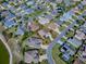 Aerial view of a one-story residence in a well-maintained neighborhood with tree-lined streets at 3142 Islawild Way, The Villages, FL 32163