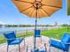 Relaxing outdoor patio with blue chairs, umbrella, and a stunning view of the lake and fountain at 3449 Meadow Beauty Way, Clermont, FL 34714