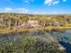 Aerial view of the house with a long wooden dock, trees, and lake at 10944 Autumn Ln, Clermont, FL 34711