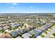 Wide angle drone shot of a residential neighborhood with golf course nearby, house marked by red star at 1357 Owl Dr, The Villages, FL 32163