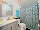 Bathroom features include a vanity with countertop, mirror, decorative accents, toilet, and shower with patterned curtain at 3221 Myakka River Rd, Tavares, FL 32778