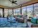 Bright sunroom featuring wicker furniture, ceiling fan, patterned rug, and sliding glass doors with backyard view at 3330 Mayflower Loop, The Villages, FL 32163