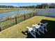 Backyard with Adirondack chairs overlooking a serene pond and lush landscaping at 511 Van Deen Pl, The Villages, FL 34762