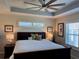 Inviting bedroom features a comfortable bed, plantation shutters, and stylish decor at 511 Van Deen Pl, The Villages, FL 34762