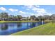 Scenic view of a backyard overlooking a lake with a fountain, providing a peaceful and picturesque setting at 1075 Ceasars Ct, Mount Dora, FL 32757