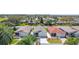 Aerial view of a residential neighborhood with mature trees, manicured lawns, and various roof styles at 2058 Thornton Ter, The Villages, FL 32162