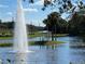 Scenic pond view featuring a charming gazebo, fountain, palm trees, and blue skies on a sunny day at 25517 Laurel Valley Rd, Leesburg, FL 34748