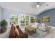 Cozy living room featuring wood floors, comfortable seating and a view of the backyard through sliding glass doors at 314 Chula Vista Ave, Lady Lake, FL 32159