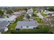 Aerial view of a light blue home with a screened in patio and a well maintained backyard at 509 Ventura Ct, The Villages, FL 32159