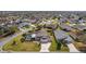 An aerial view shows a beautiful home with a screened-in pool in a well-maintained neighborhood at 592 Netherwood Pl, The Villages, FL 32163