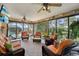 Bright sunroom featuring wicker furniture, ceiling fans, and views of the pool and landscaped yard at 610 Espana St, Lady Lake, FL 32159