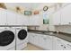 Functional laundry room featuring white cabinetry, a sink, and modern washer/dryer at 6801 Silver Charm Ct, Leesburg, FL 34748