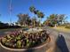 Landscaped community entrance with decorative fountain, mature trees, flower beds, and an American flag at 25527 Oak Aly, Leesburg, FL 34748