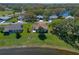 Wide aerial shot of a home near a pond, with green grass, many trees, and other homes at 26636 Evert St, Leesburg, FL 34748